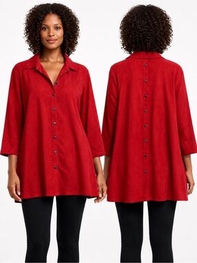 Toofan Red Button Front Tunic Top 3/4 Sleeve Flare Hem XL
